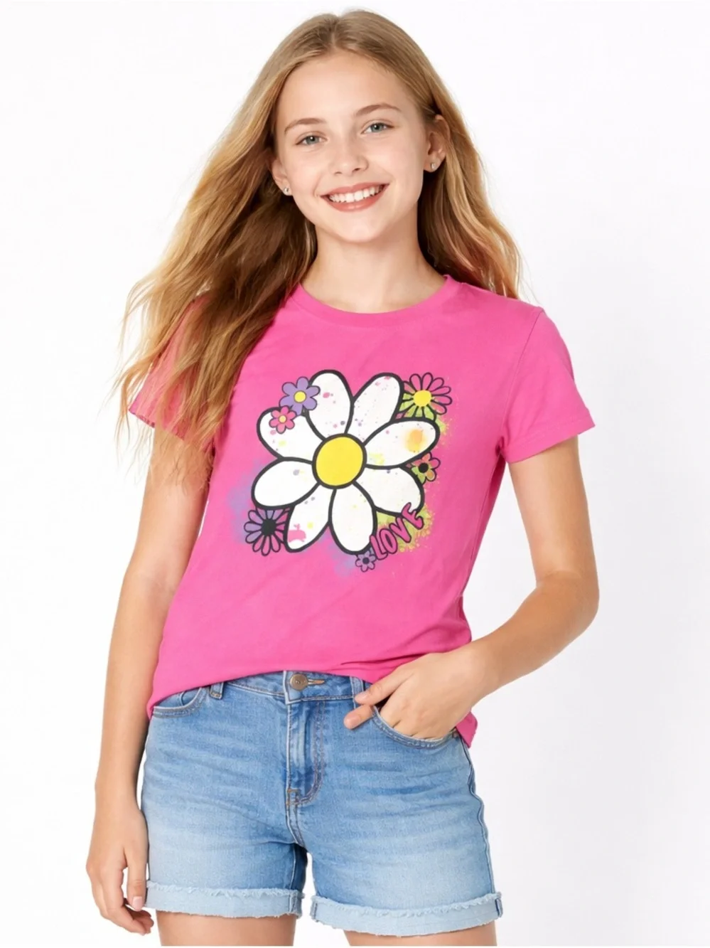 Girls Pink Floral Love Graphic Tee Size‎ L 10/12 Short Sleeve Cotton Top